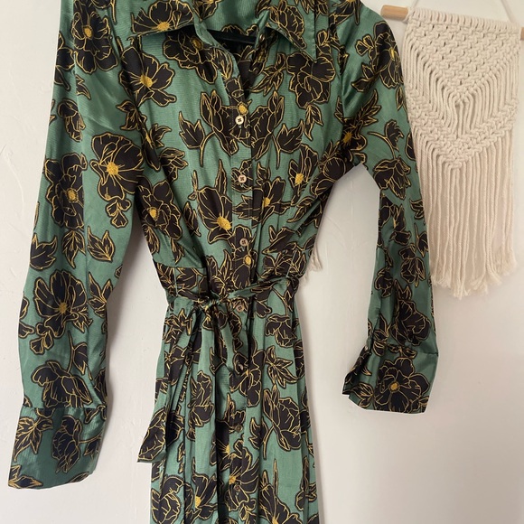 Who What Wear Floral Green Button Down Belted Shirt Midi Dress - Picture 3 of 8